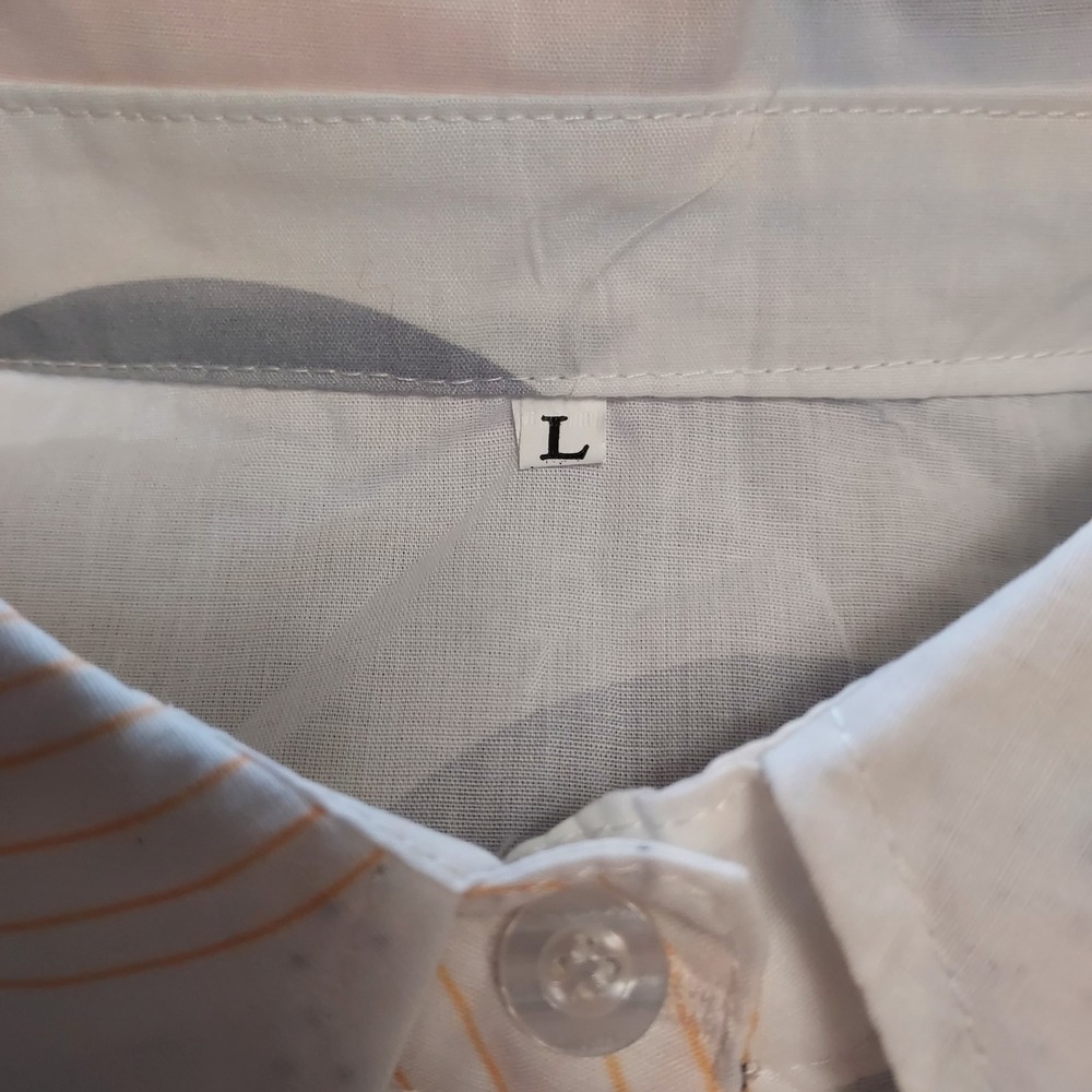 Womens L Geometric  Button‎ Up Shirt Long Sleeve Orange Gray White Top Korean - Picture 4 of 8